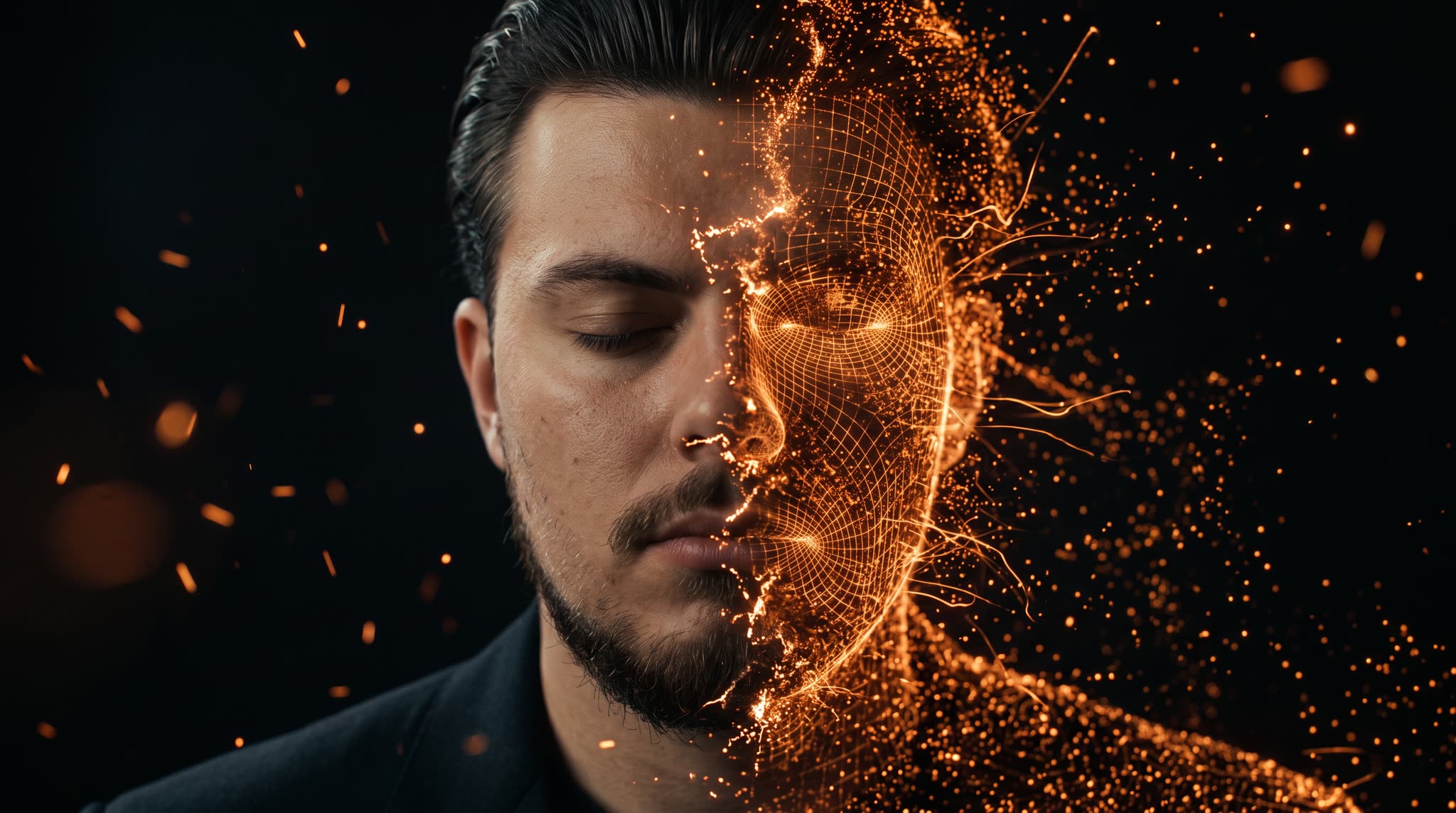 AI-кадр с цифровым двойником основателя: лицо собирается из светящихся частиц